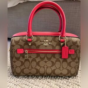 Coach Rowan Satchel In Signature Canvas  Color: Khaki/hot pink.